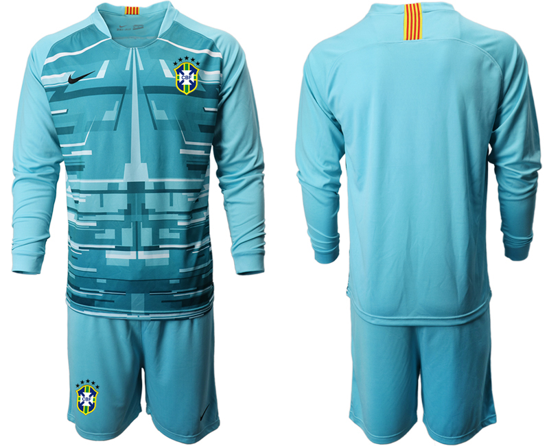 Men 2020-2021 Season National team Brazil goalkeeper Long sleeve blue Soccer Jersey